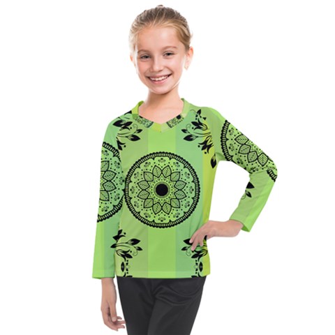 Green Grid Cute Flower Mandala Kids  Long Mesh Tee by Magicworlddreamarts1