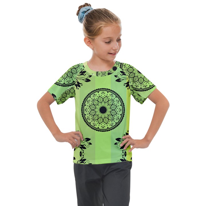 Green Grid Cute Flower Mandala Kids  Mesh Piece Tee