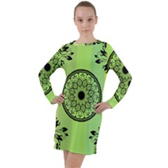 Green Grid Cute Flower Mandala Long Sleeve Hoodie Dress