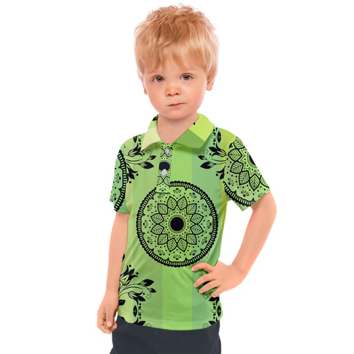 Green Grid Cute Flower Mandala Kids  Polo Tee