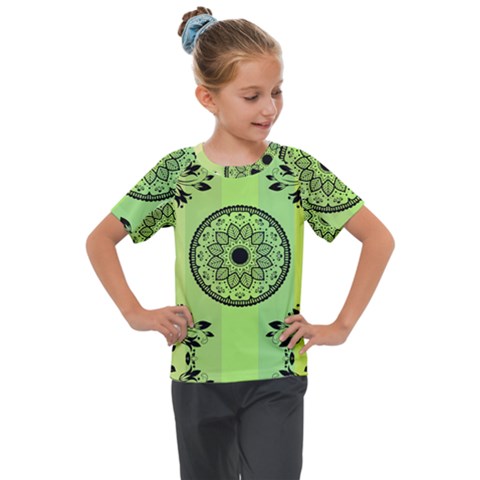 Green Grid Cute Flower Mandala Kids  Mesh Piece Tee by Magicworlddreamarts1