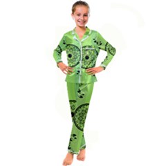 Green Grid Cute Flower Mandala Kid s Satin Long Sleeve Pajamas Set