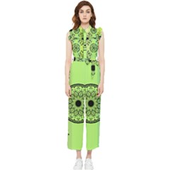 Green Grid Cute Flower Mandala Women s Frill Top Jumpsuit