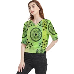 Green Grid Cute Flower Mandala Quarter Sleeve Blouse