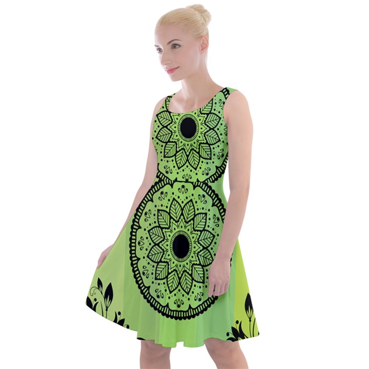 Green Grid Cute Flower Mandala Knee Length Skater Dress