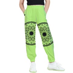 Green Grid Cute Flower Mandala Kids  Elastic Waist Pants by Magicworlddreamarts1