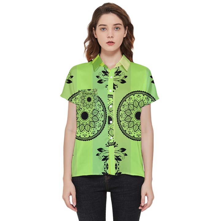 Green Grid Cute Flower Mandala Short Sleeve Pocket Shirt