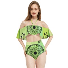 Green Grid Cute Flower Mandala Halter Flowy Bikini Set 