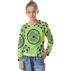 Green Grid Cute Flower Mandala Kids  Long Sleeve Tee with Frill 