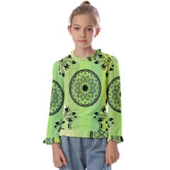 Green Grid Cute Flower Mandala Kids  Frill Detail Tee