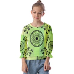 Green Grid Cute Flower Mandala Kids  Cuff Sleeve Top