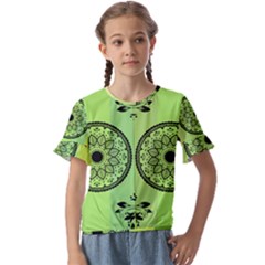 Green Grid Cute Flower Mandala Kids  Cuff Sleeve Scrunch Bottom Tee