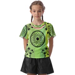 Green Grid Cute Flower Mandala Kids  Front Cut Tee