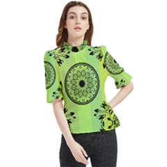 Green Grid Cute Flower Mandala Frill Neck Blouse