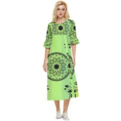 Green Grid Cute Flower Mandala Double Cuff Midi Dress by Magicworlddreamarts1