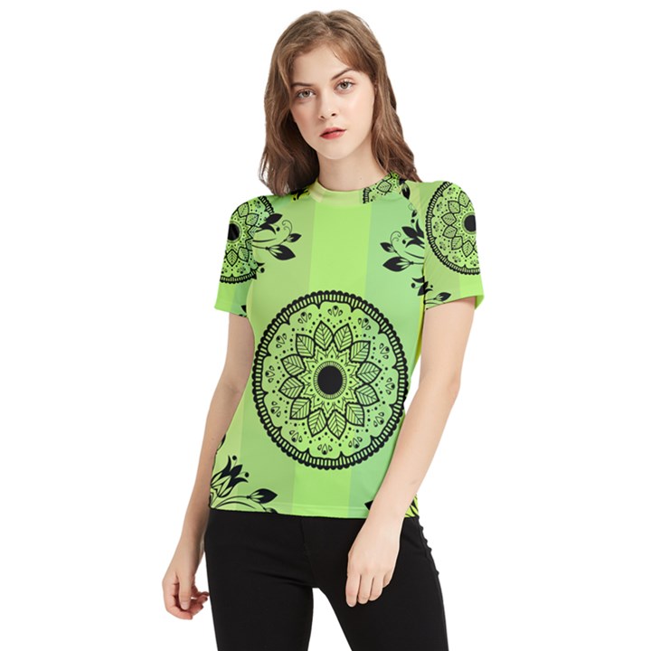 Green Grid Cute Flower Mandala Women s Short Sleeve Rash Guard