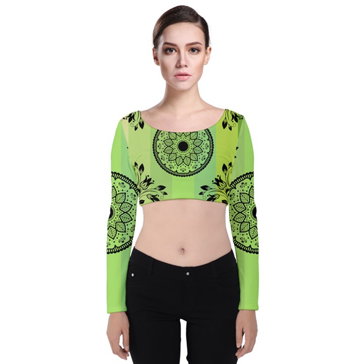 Green Grid Cute Flower Mandala Velvet Long Sleeve Crop Top