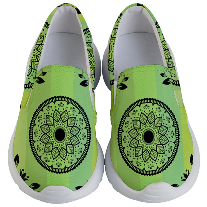 Green Grid Cute Flower Mandala Kids Lightweight Slip Ons