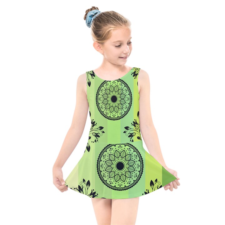 Green Grid Cute Flower Mandala Kids  Skater Dress Swimsuit