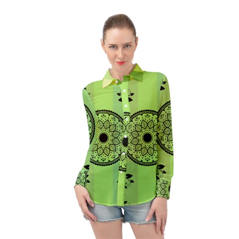 Green Grid Cute Flower Mandala Long Sleeve Chiffon Shirt by Magicworlddreamarts1