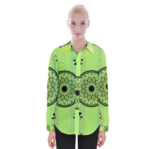 Green Grid Cute Flower Mandala Womens Long Sleeve Shirt by Magicworlddreamarts1