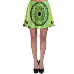 Green Grid Cute Flower Mandala Skater Skirt by Magicworlddreamarts1