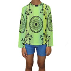 Green Grid Cute Flower Mandala Kids  Long Sleeve Swimwear by Magicworlddreamarts1