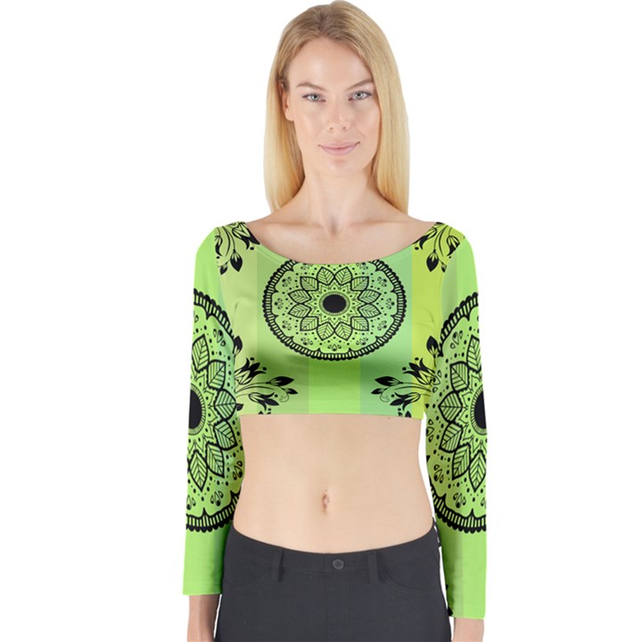 Green Grid Cute Flower Mandala Long Sleeve Crop Top