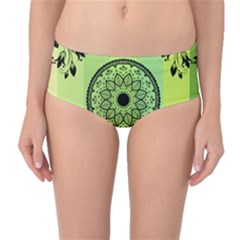 Green Grid Cute Flower Mandala Mid-waist Bikini Bottoms by Magicworlddreamarts1