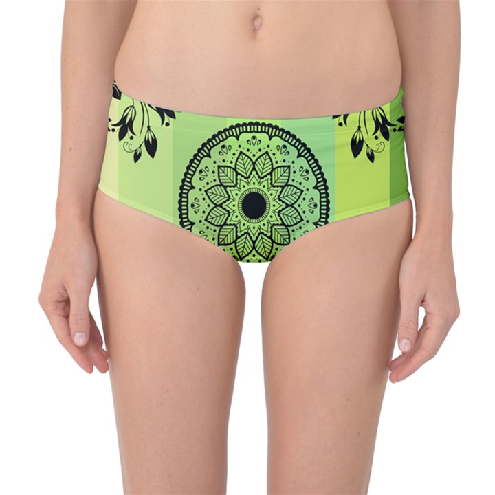 Green Grid Cute Flower Mandala Mid-Waist Bikini Bottoms