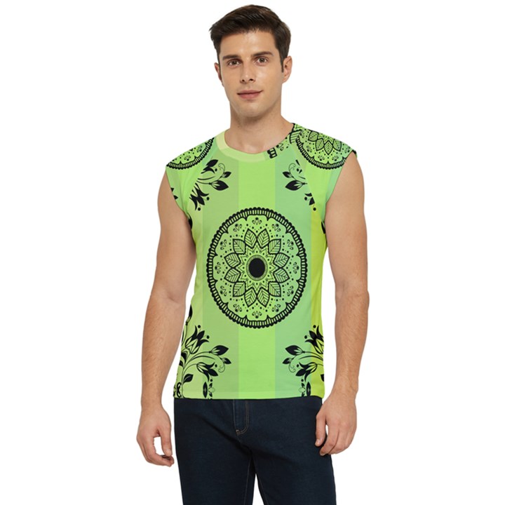 Green Grid Cute Flower Mandala Men s Raglan Cap Sleeve Tee