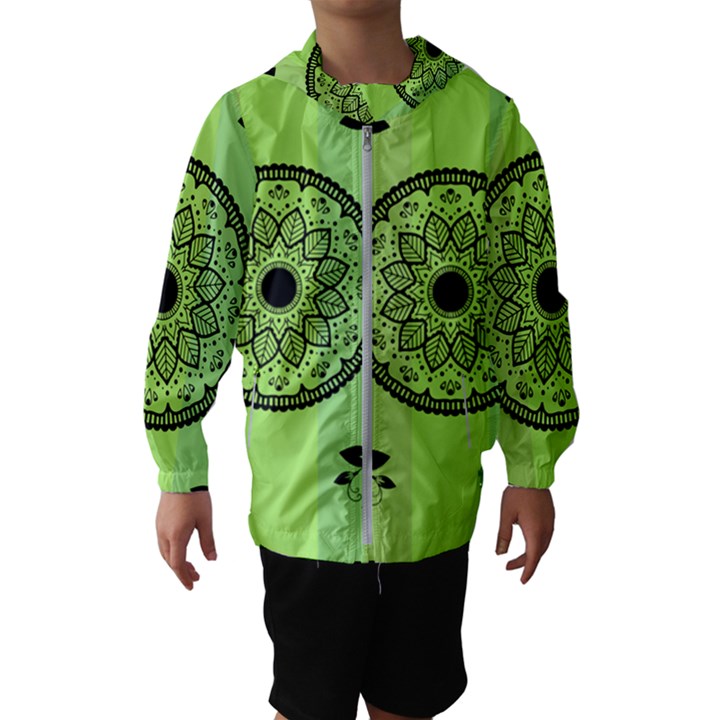 Green Grid Cute Flower Mandala Kids  Hooded Windbreaker