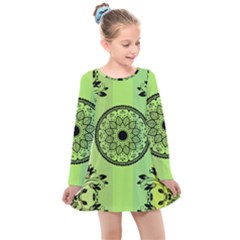 Green Grid Cute Flower Mandala Kids  Long Sleeve Dress by Magicworlddreamarts1