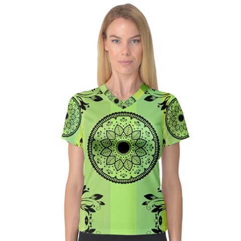 Green Grid Cute Flower Mandala V-neck Sport Mesh Tee by Magicworlddreamarts1