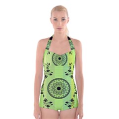 Green Grid Cute Flower Mandala Boyleg Halter Swimsuit  by Magicworlddreamarts1