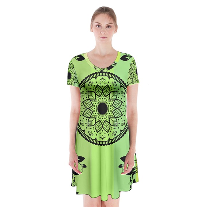 Green Grid Cute Flower Mandala Short Sleeve V-neck Flare Dress