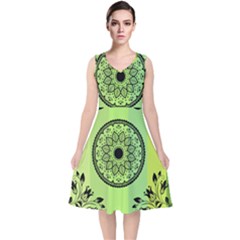 Green Grid Cute Flower Mandala V-neck Midi Sleeveless Dress  by Magicworlddreamarts1