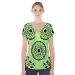 Green Grid Cute Flower Mandala Short Sleeve Front Detail Top by Magicworlddreamarts1