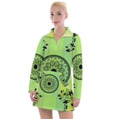 Green Grid Cute Flower Mandala Women s Long Sleeve Casual Dress by Magicworlddreamarts1