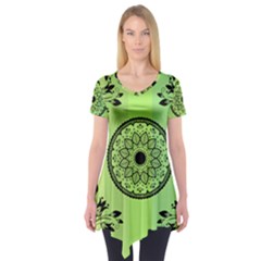 Green Grid Cute Flower Mandala Short Sleeve Tunic  by Magicworlddreamarts1