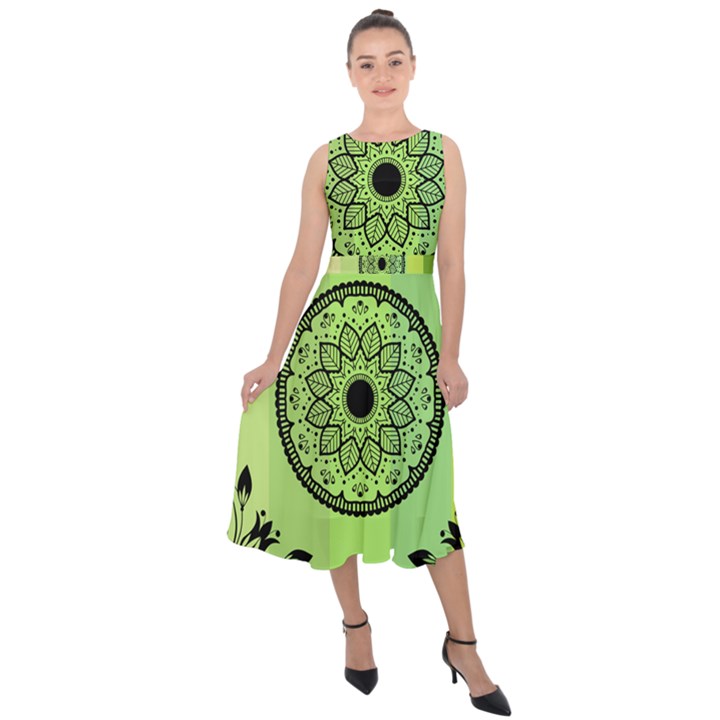 Green Grid Cute Flower Mandala Midi Tie-Back Chiffon Dress