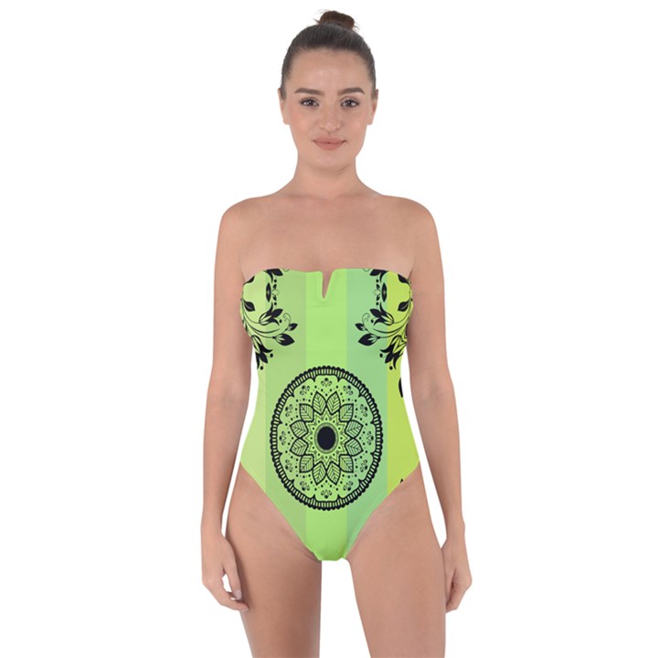 Green Grid Cute Flower Mandala Tie Back One Piece Swimsuit