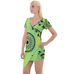 Green Grid Cute Flower Mandala Short Sleeve Asymmetric Mini Dress by Magicworlddreamarts1