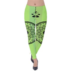 Green Grid Cute Flower Mandala Velvet Leggings by Magicworlddreamarts1