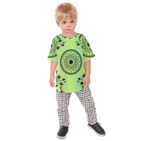 Green Grid Cute Flower Mandala Kids  Raglan Tee by Magicworlddreamarts1