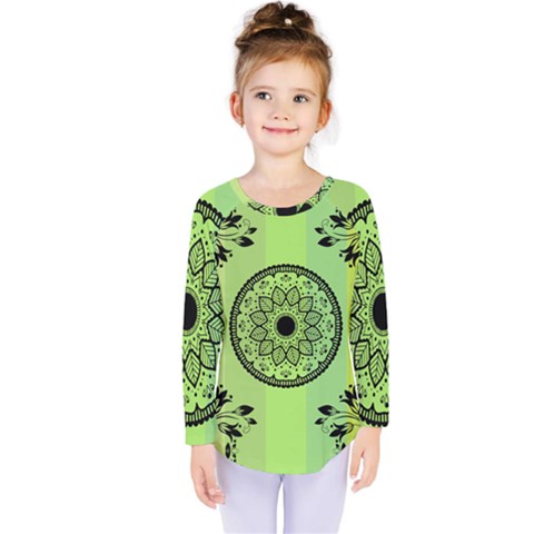 Green Grid Cute Flower Mandala Kids  Long Sleeve Tee by Magicworlddreamarts1