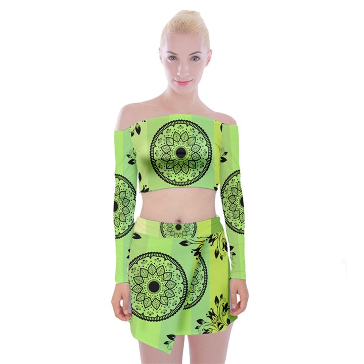 Green Grid Cute Flower Mandala Off Shoulder Top with Mini Skirt Set