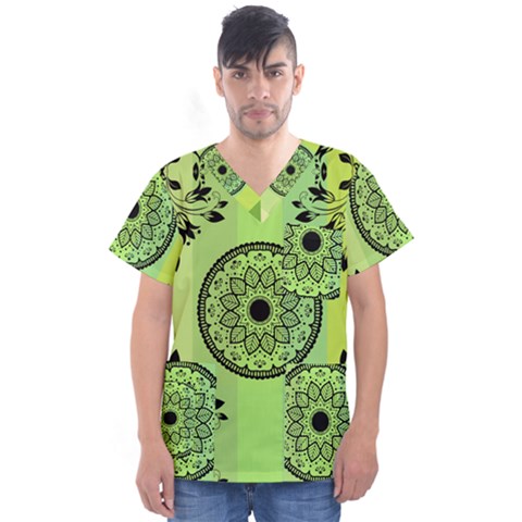 Green Grid Cute Flower Mandala Men s V-neck Scrub Top by Magicworlddreamarts1