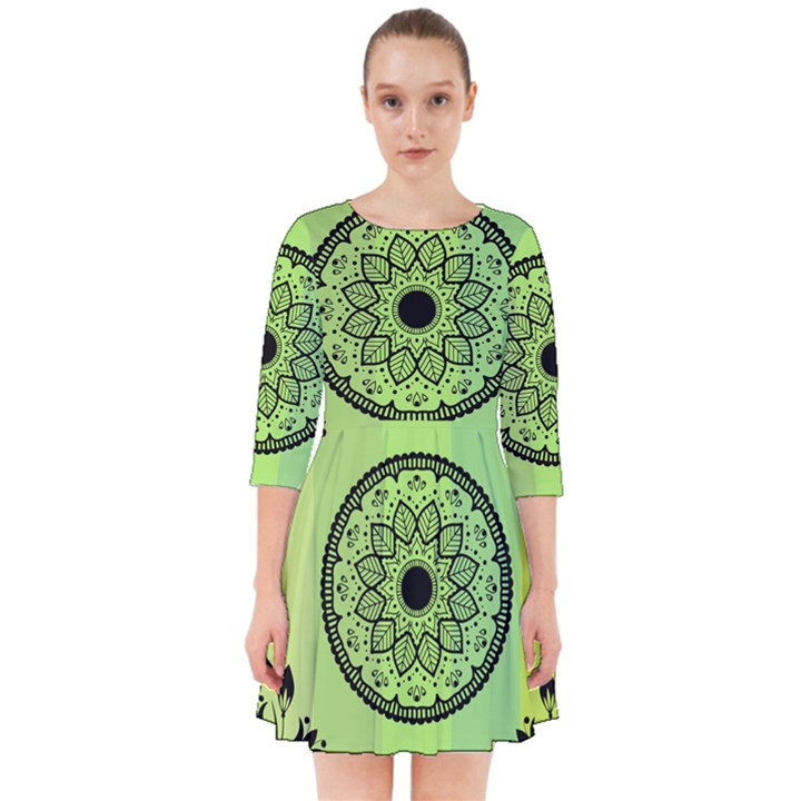 Green Grid Cute Flower Mandala Smock Dress