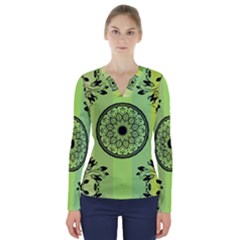 Green Grid Cute Flower Mandala V-neck Long Sleeve Top by Magicworlddreamarts1